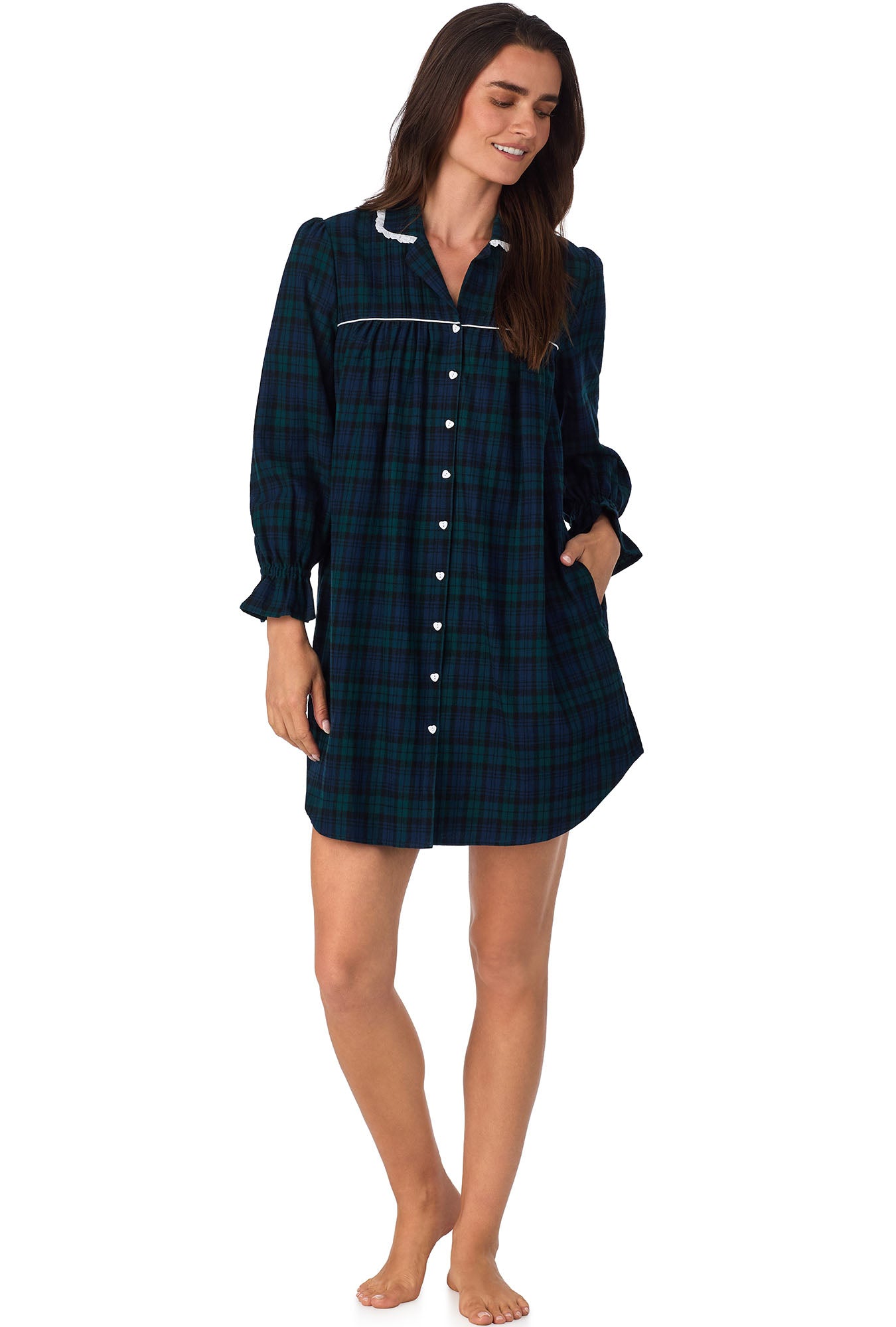 A lady wearing Black Watch Plaid Flannel Nightshirt