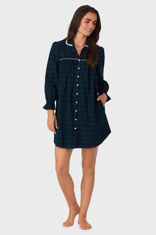 Black Watch Plaid  100% Cotton Brushed Flannel Long Sleeve Nightshirt