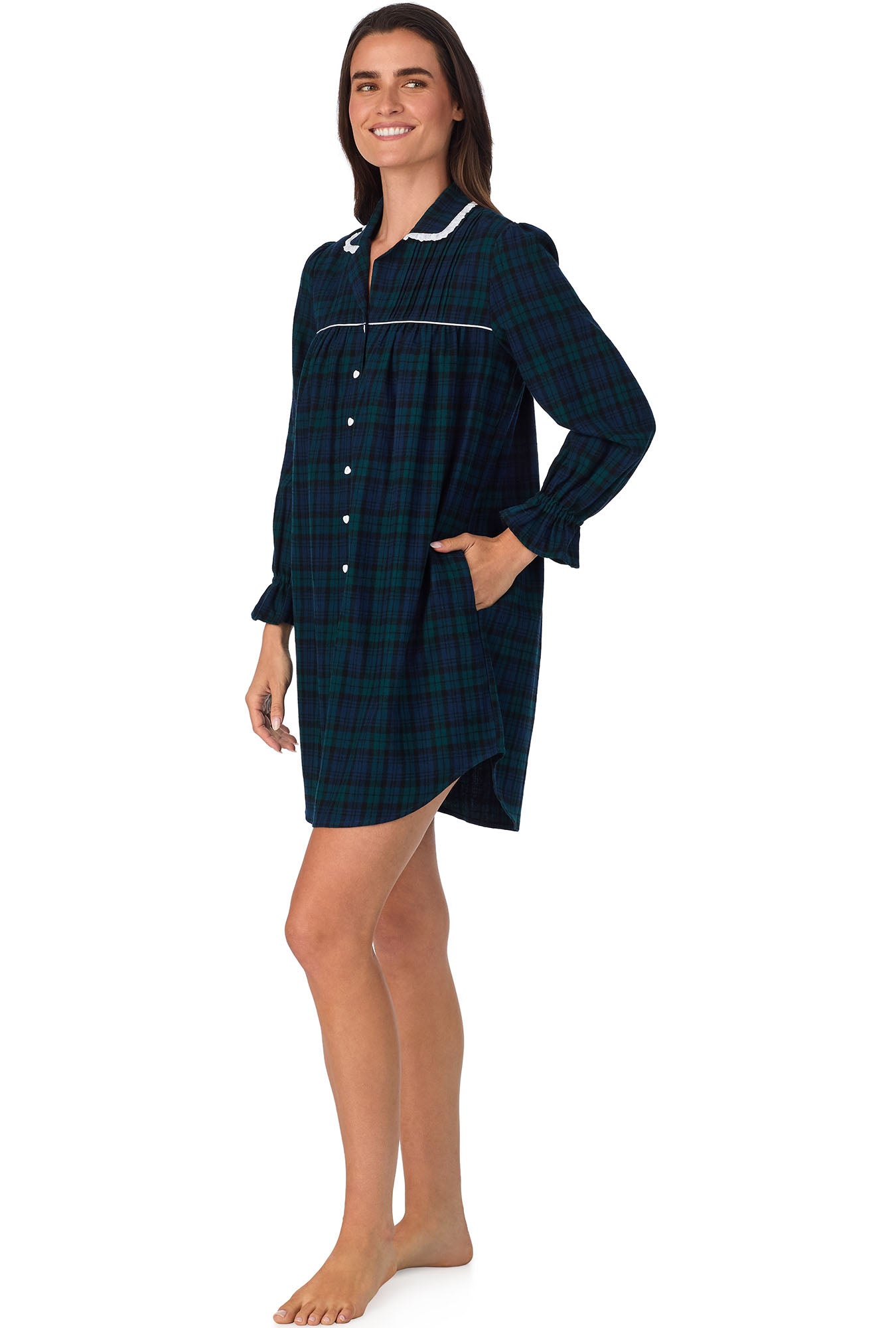 A lady wearing Black Watch Plaid Flannel Nightshirt