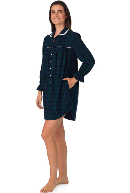 A lady wearing Black Watch Plaid Flannel Nightshirt