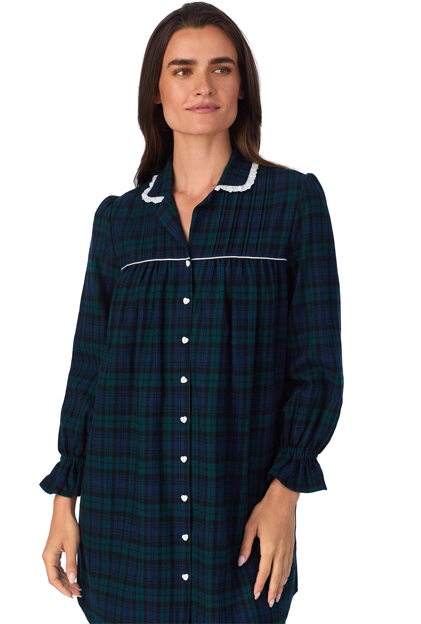 A lady wearing Black Watch Plaid Flannel Nightshirt