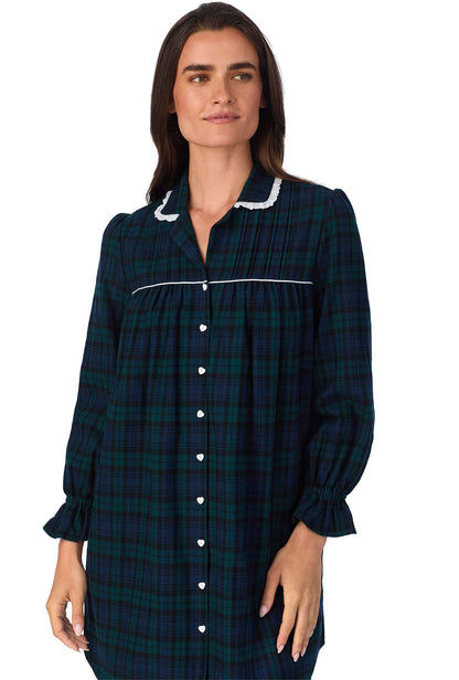 A lady wearing Black Watch Plaid Flannel Nightshirt