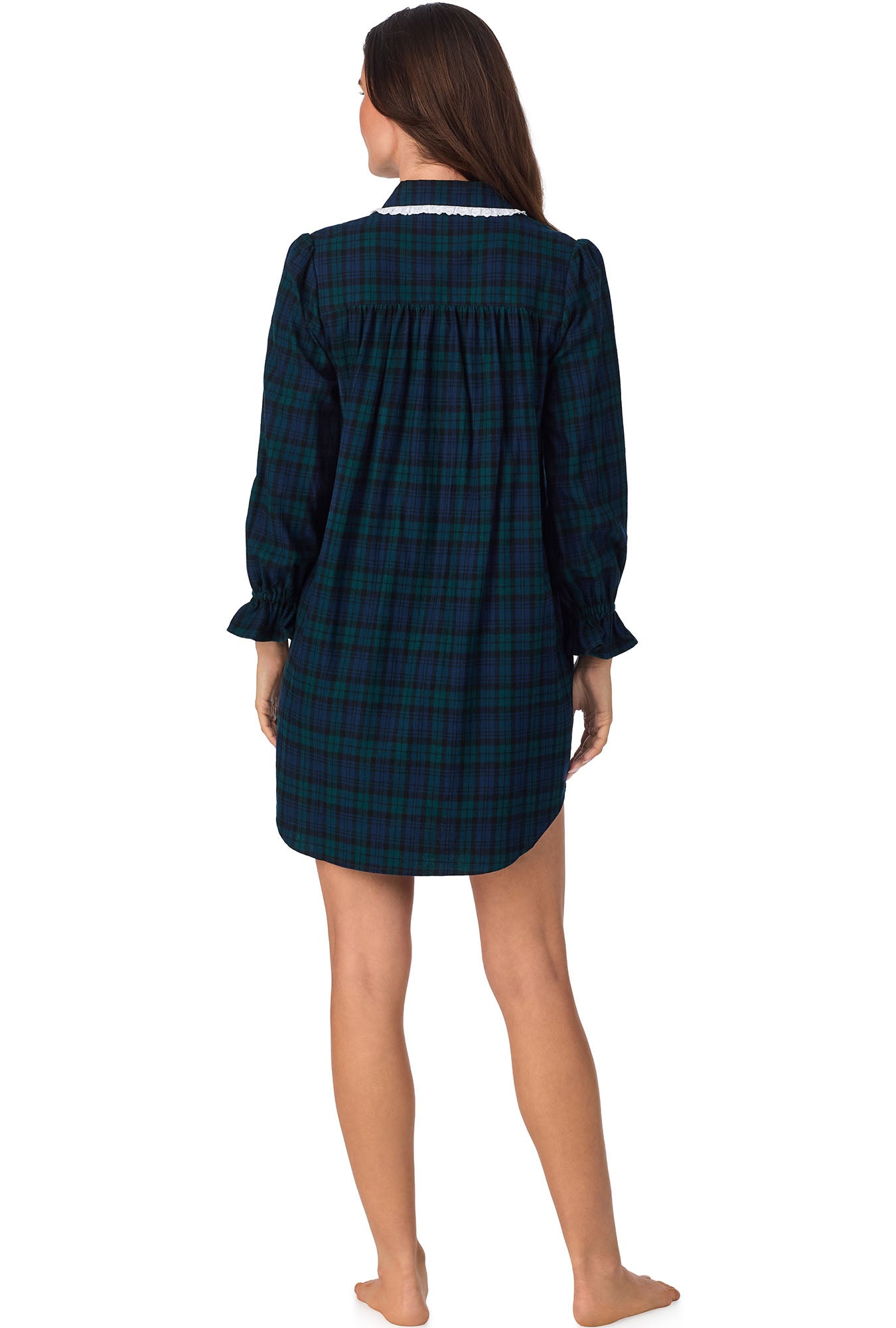 A lady wearing Black Watch Plaid Flannel Nightshirt