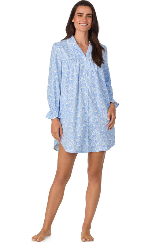 A lady wearing Blue Nordic Tyrolean Flannel Nightshirt
