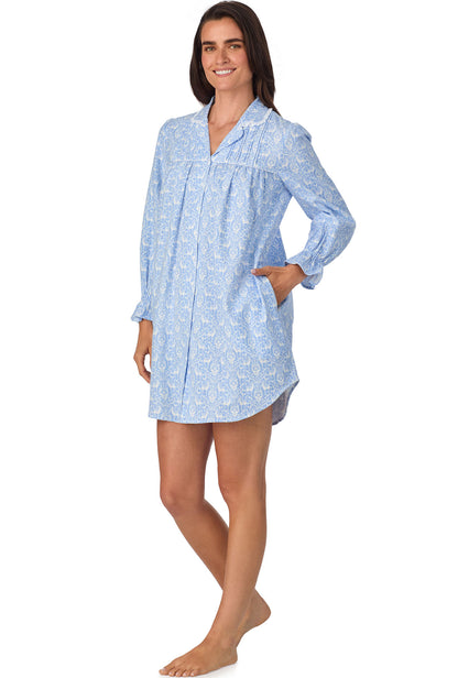 A lady wearing Blue Nordic Tyrolean Flannel Nightshirt