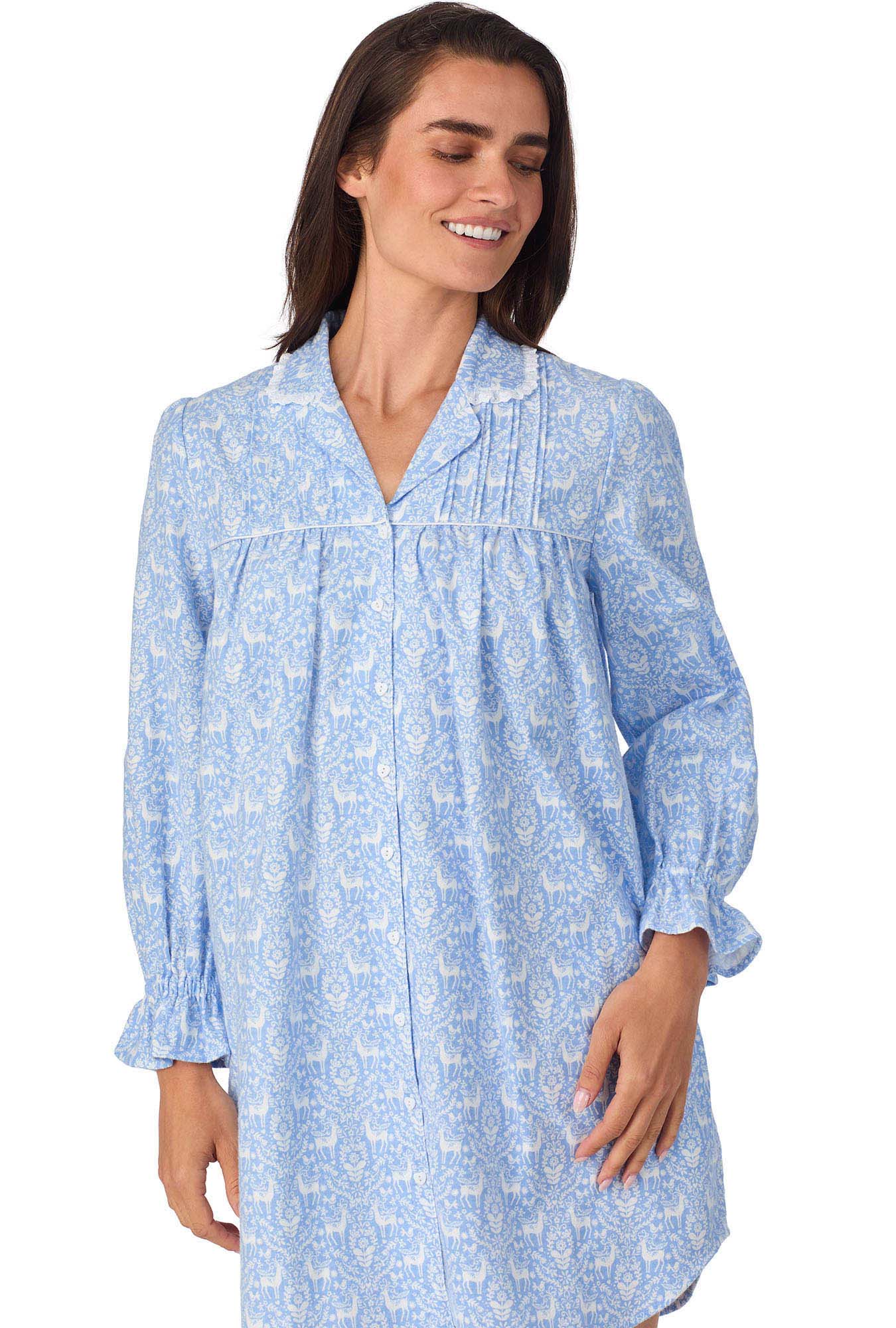 A lady wearing Blue Nordic Tyrolean Flannel Nightshirt