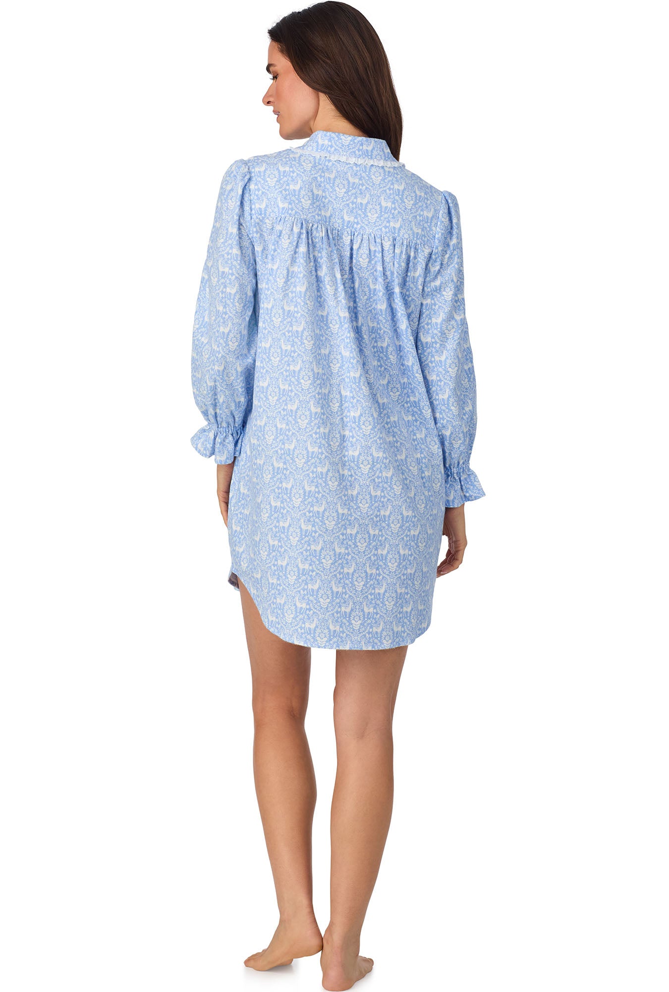 A lady wearing Blue Nordic Tyrolean Flannel Nightshirt