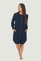 A lady wearing Dark blue plaid nightshirt