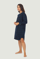 A lady wearing Dark blue plaid nightshirt
