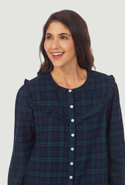 A lady wearing Dark blue plaid nightshirt