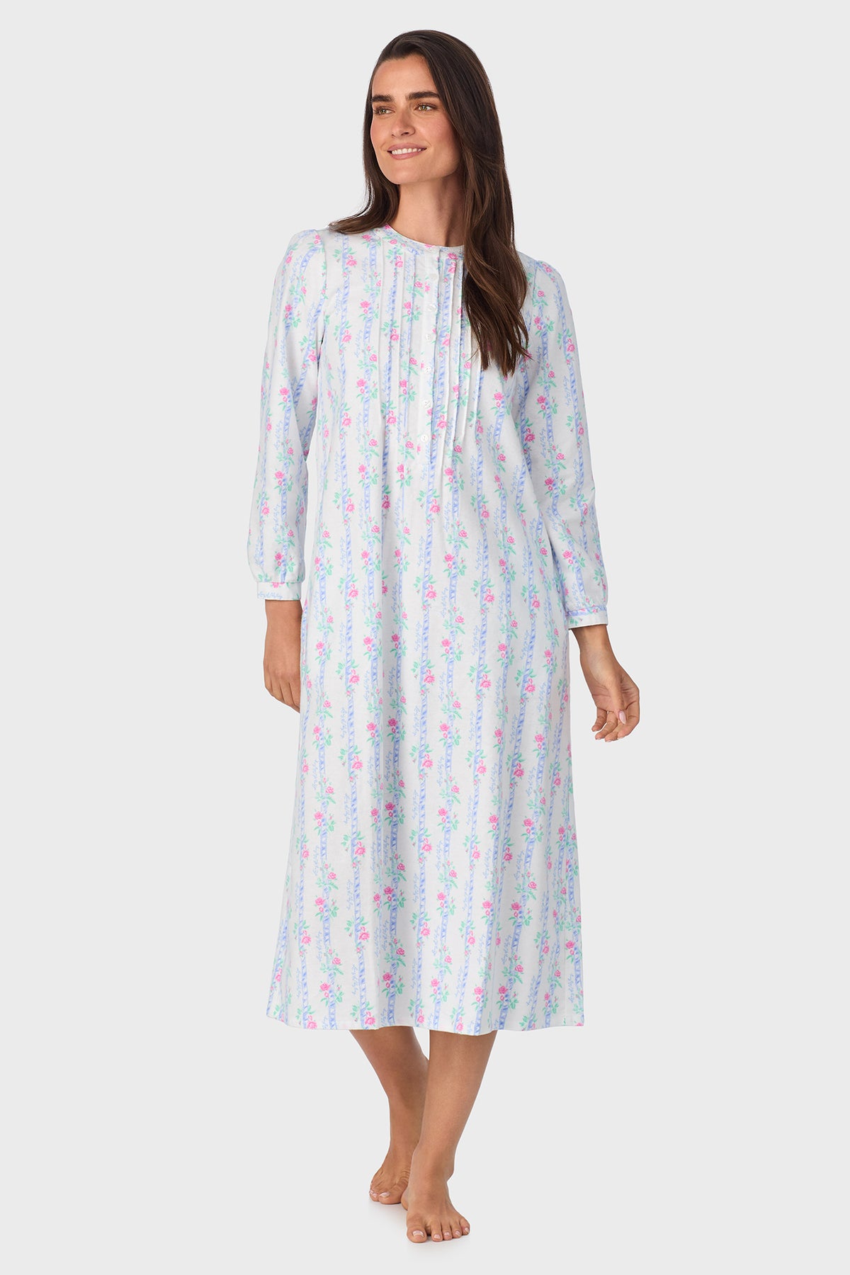 Sweet & Simple Floral Garland Stripe 100% Cotton Flannel Henley Nightgown