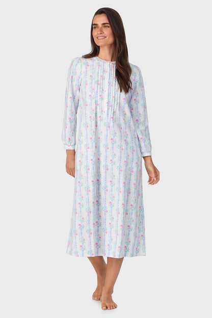 Sweet & Simple Floral Garland Stripe 100% Cotton Flannel Henley Nightgown
