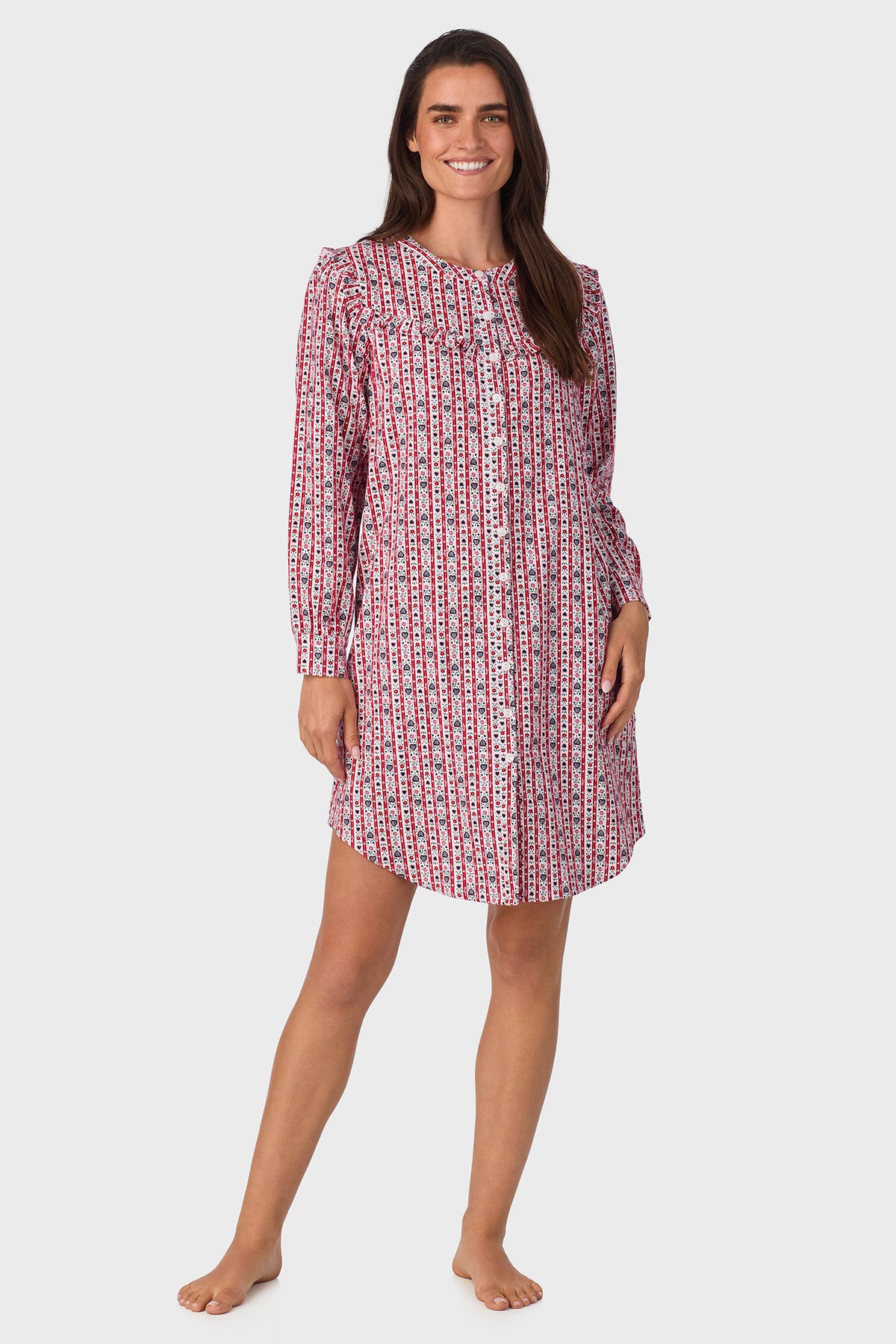 Red Tyrolean 100% Cotton Brushed Flannel Long Sleeve Nightshirt