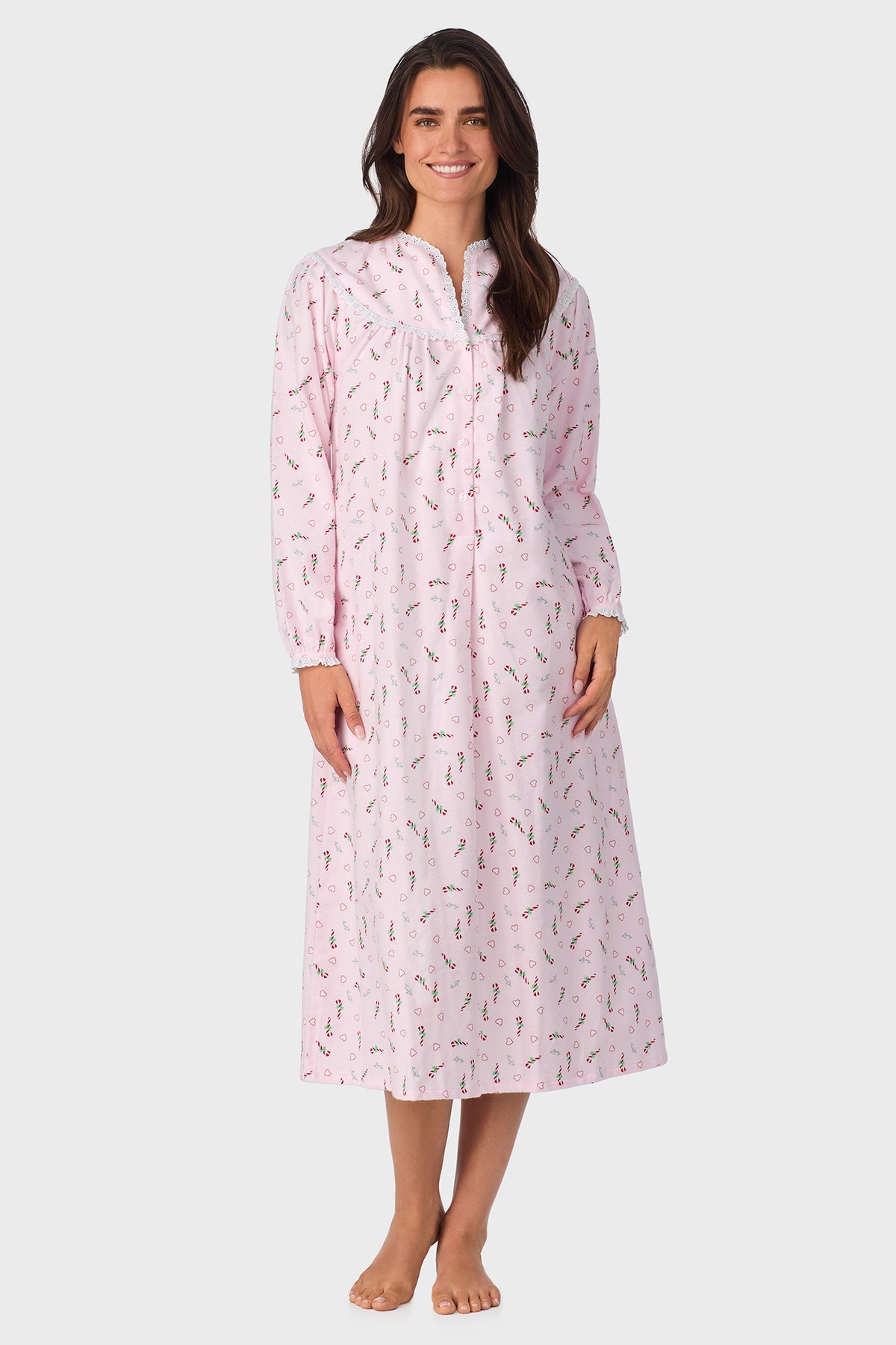 Women's Candy Canes 100% Cotton Brushed Flannel Long Sleeve Nightgown