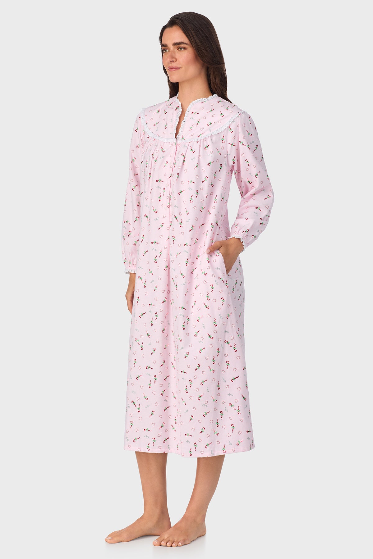 Women's Candy Canes 100% Cotton Brushed Flannel Long Sleeve Nightgown