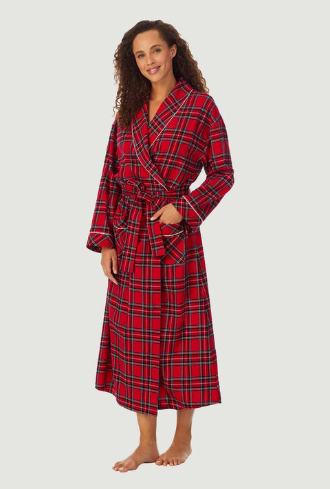 A lady wearing Red Tartan Classic Flannel Robe