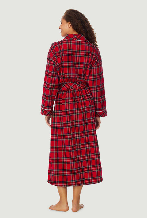 A lady wearing Red Tartan Classic Flannel Robe