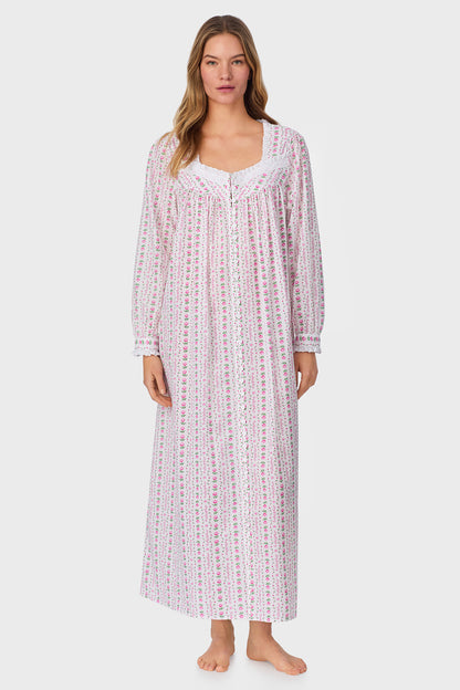 A lady wearing Rosey Tyrolean Cotton Lawn Ballet Button Front Robe