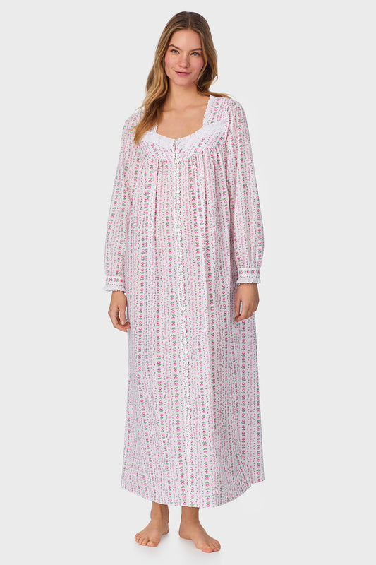 A lady wearing Rosey Tyrolean Cotton Lawn Ballet Button Front Robe