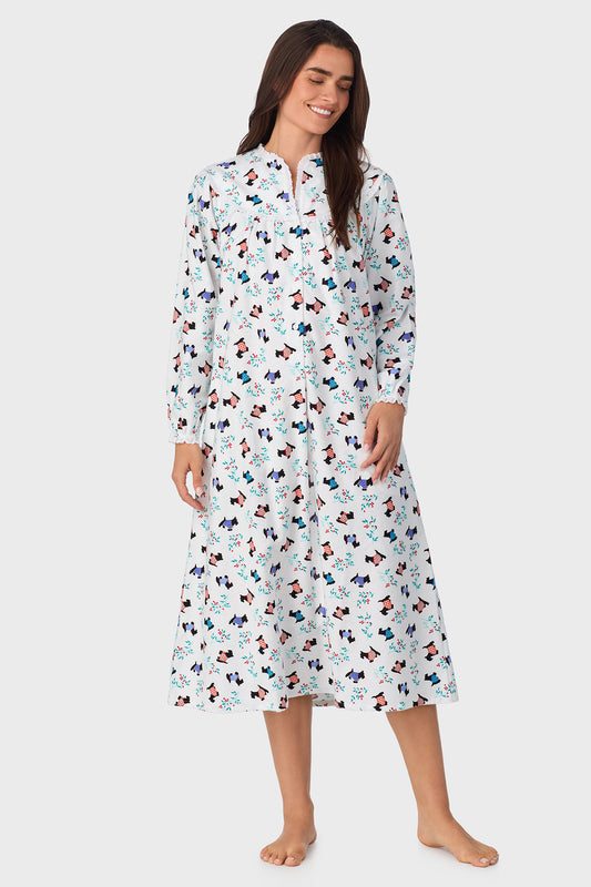 Women's Scottie Dog 100% Cotton Brushed Flannel Long Sleeve Nightgown