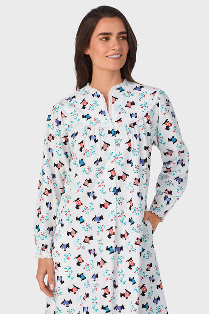 Women's Scottie Dog 100% Cotton Brushed Flannel Long Sleeve Nightgown