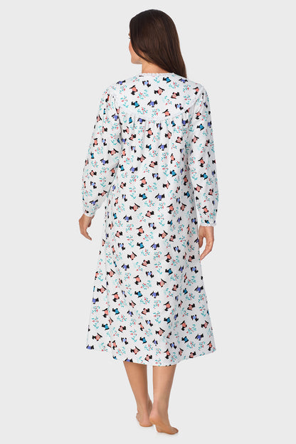 Women's Scottie Dog 100% Cotton Brushed Flannel Long Sleeve Nightgown