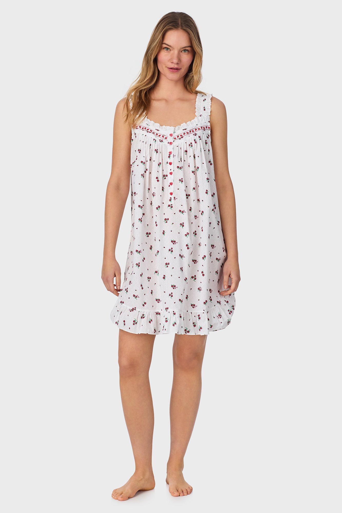 A lady wearing Strawberry Jubilee Cotton Lawn Chemise