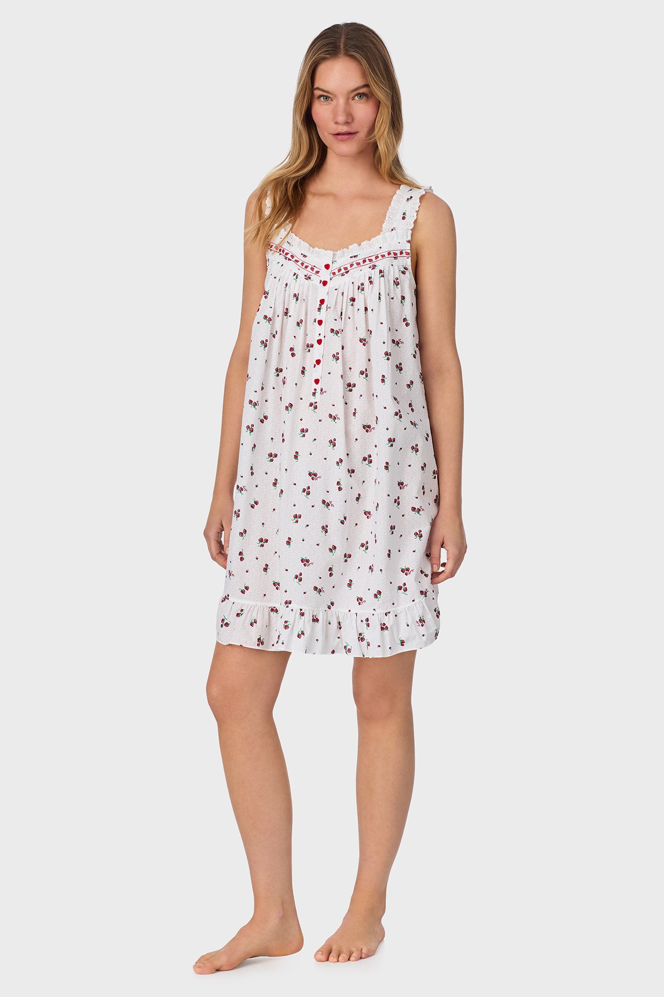 A lady wearing Strawberry Jubilee Cotton Lawn Chemise