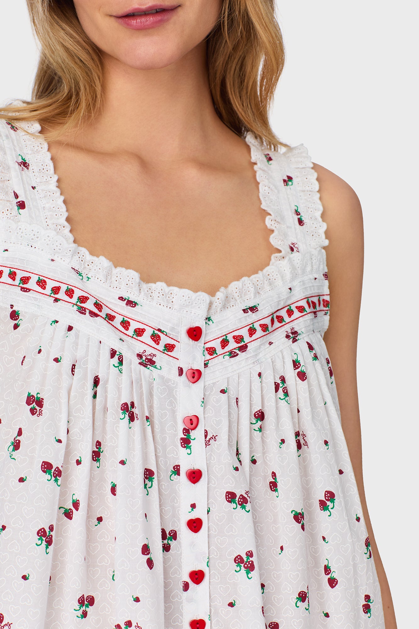 A lady wearing Strawberry Jubilee Cotton Lawn Chemise