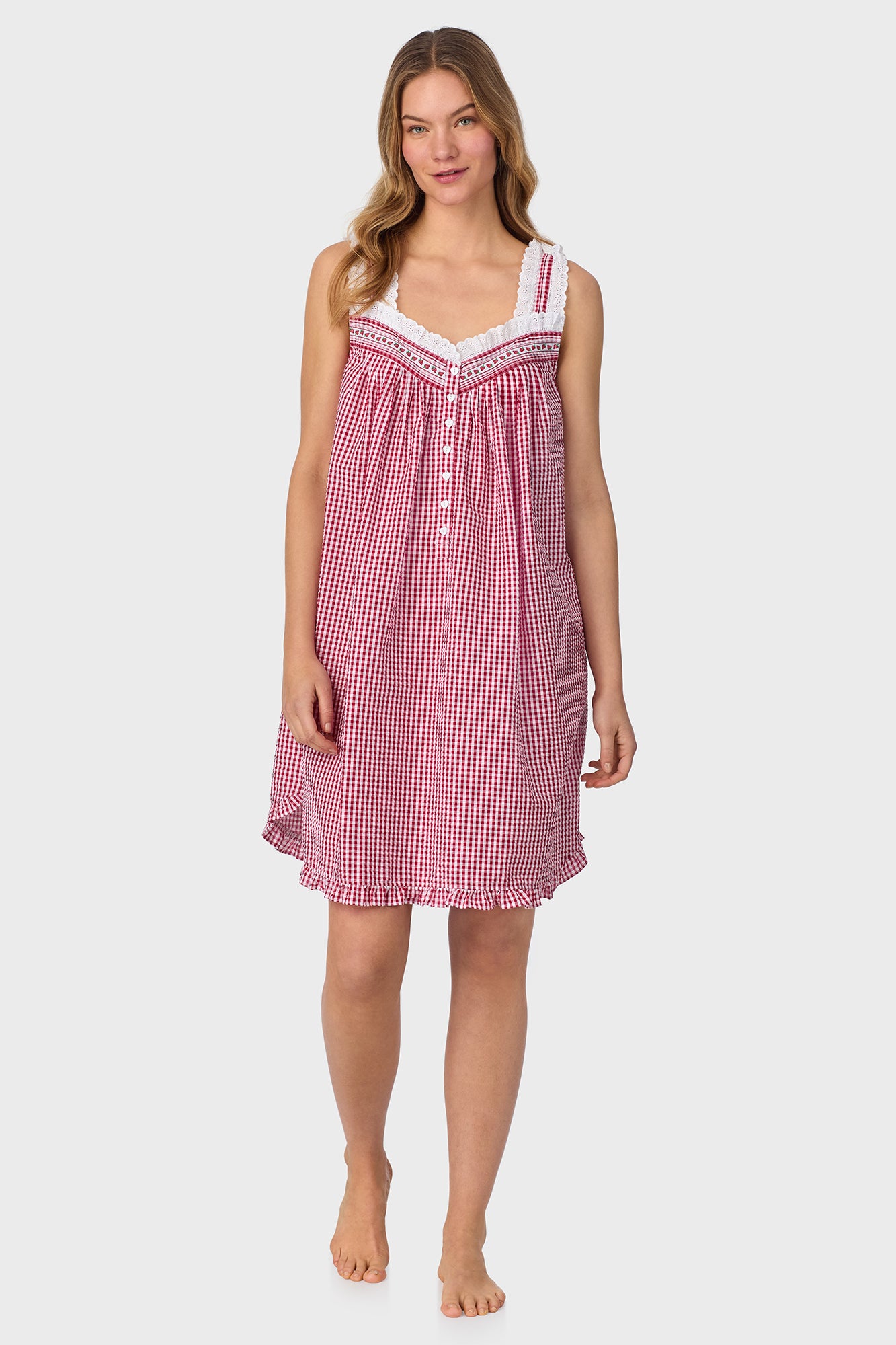 A lady wearing Picnic Plaid Seersucker Yarndye Check Chemise