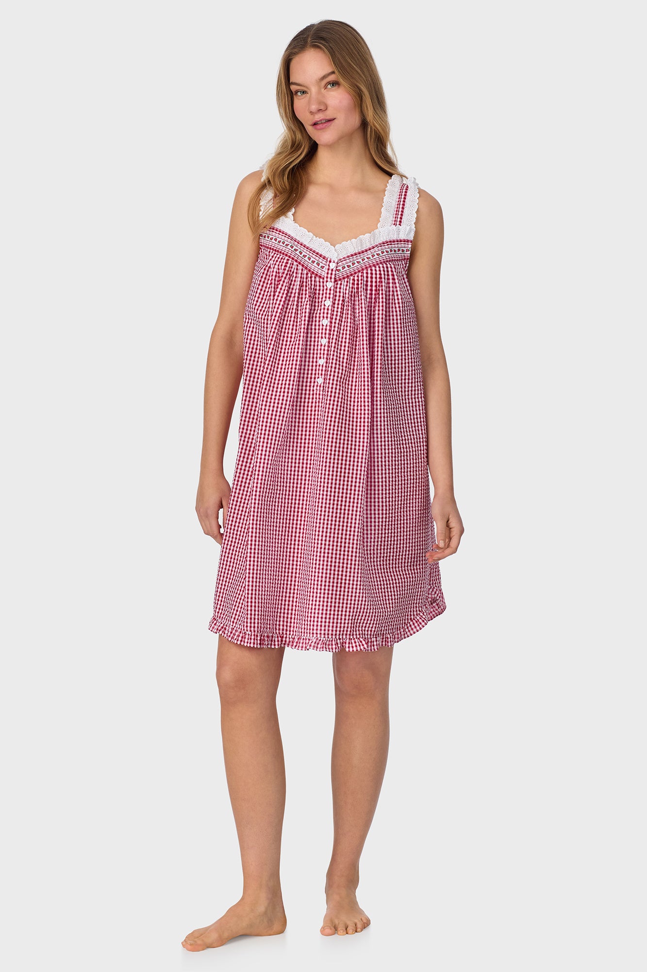 A lady wearing Picnic Plaid Seersucker Yarndye Check Chemise