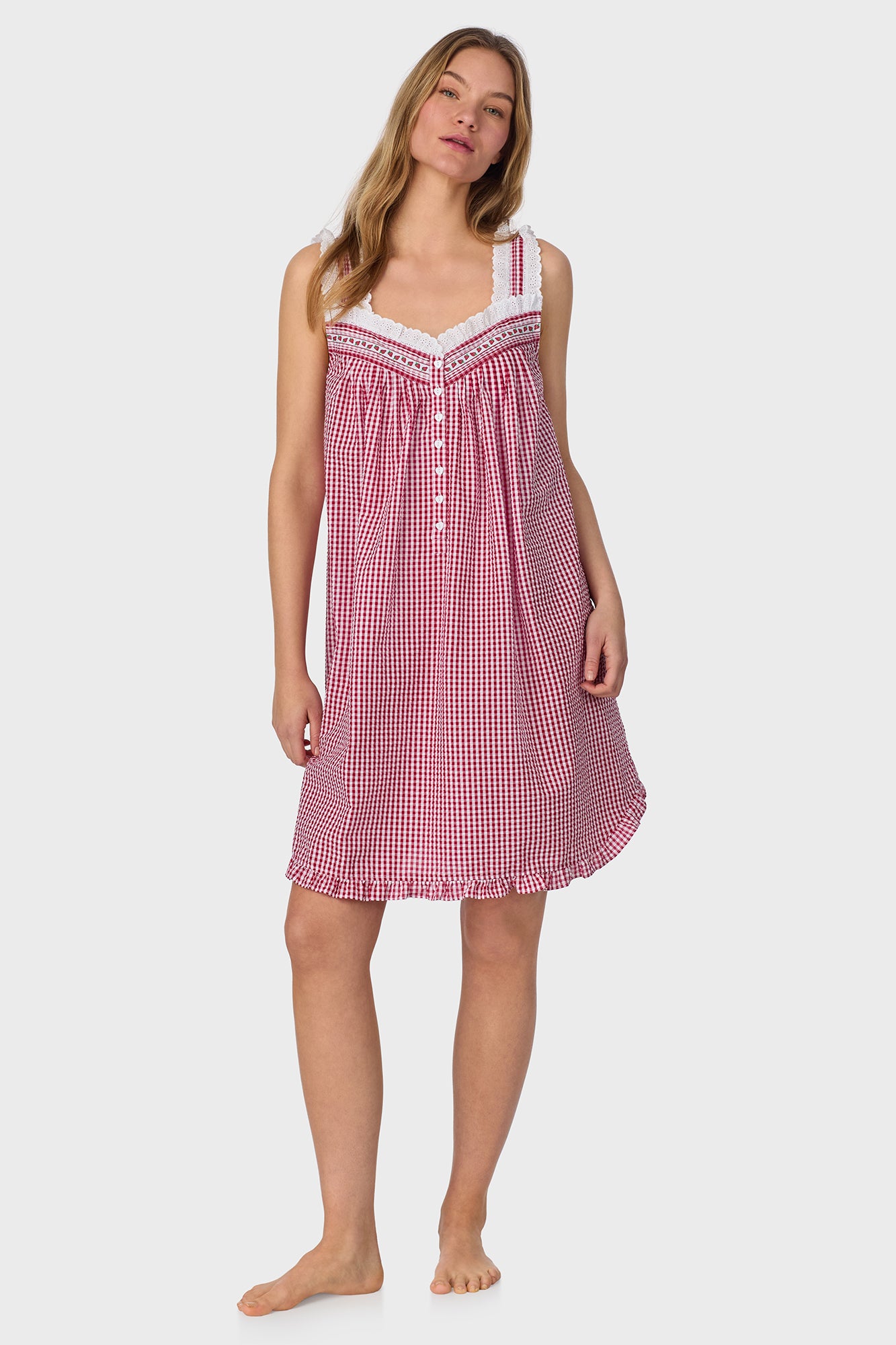 A lady wearing Picnic Plaid Seersucker Yarndye Check Chemise