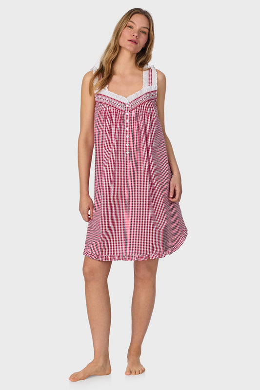 A lady wearing Picnic Plaid Seersucker Yarndye Check Chemise