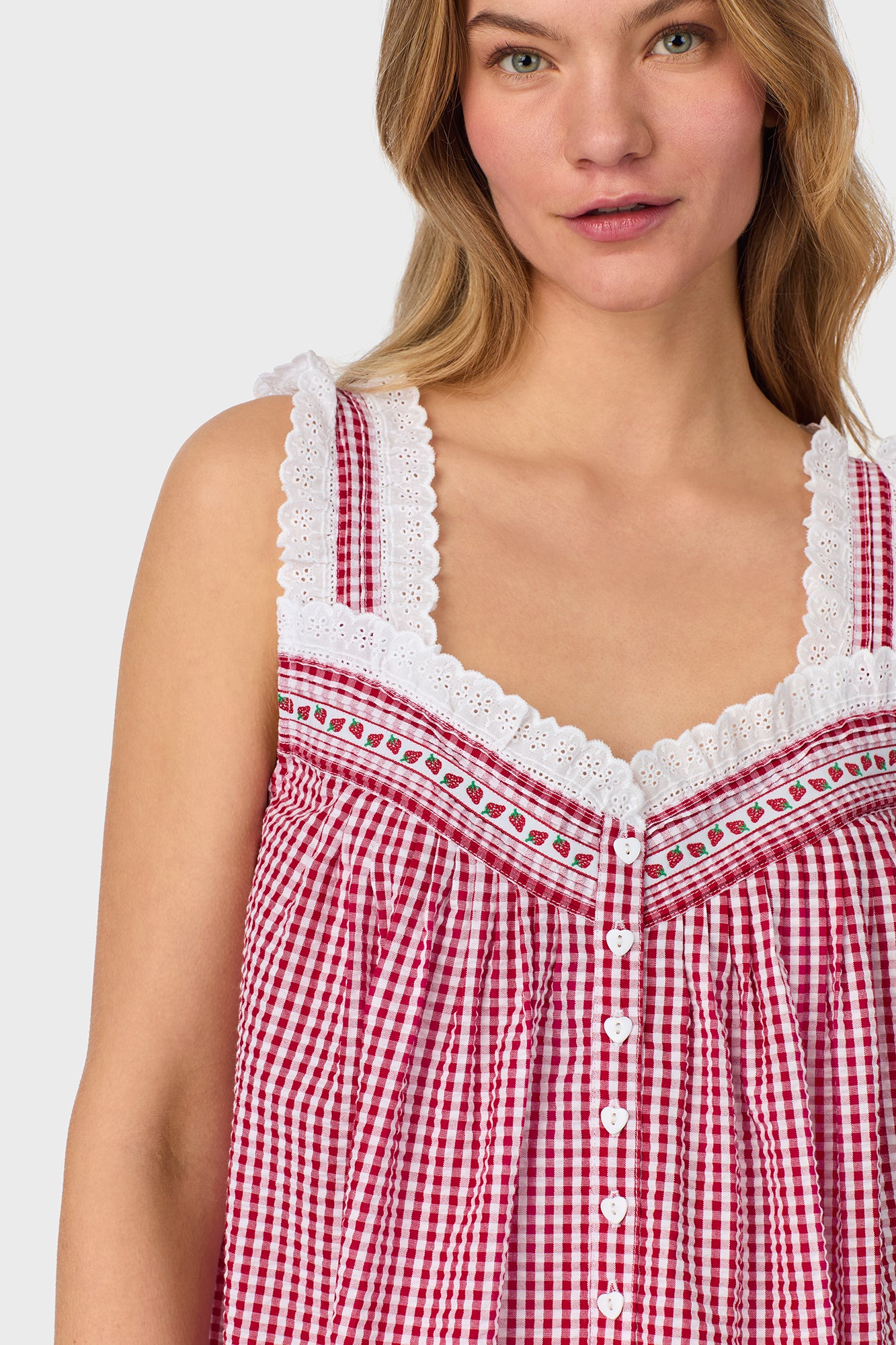A lady wearing Picnic Plaid Seersucker Yarndye Check Chemise
