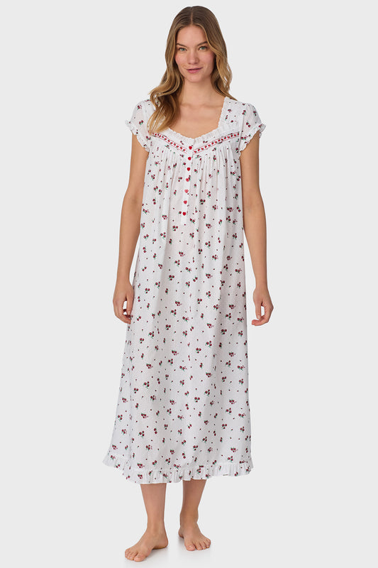 Strawberry Jubilee Cotton Lawn Cap Sleeve Long Nightgown
