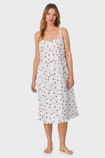 A lady wearing Strawberry Jubilee Cotton Lawn Sundress