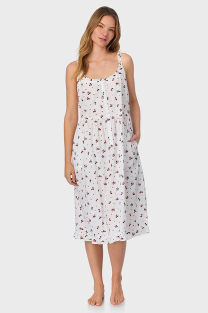 A lady wearing Strawberry Jubilee Cotton Lawn Sundress