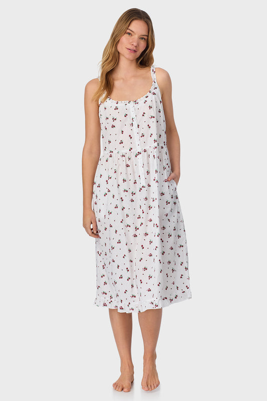 A lady wearing Strawberry Jubilee Cotton Lawn Sundress