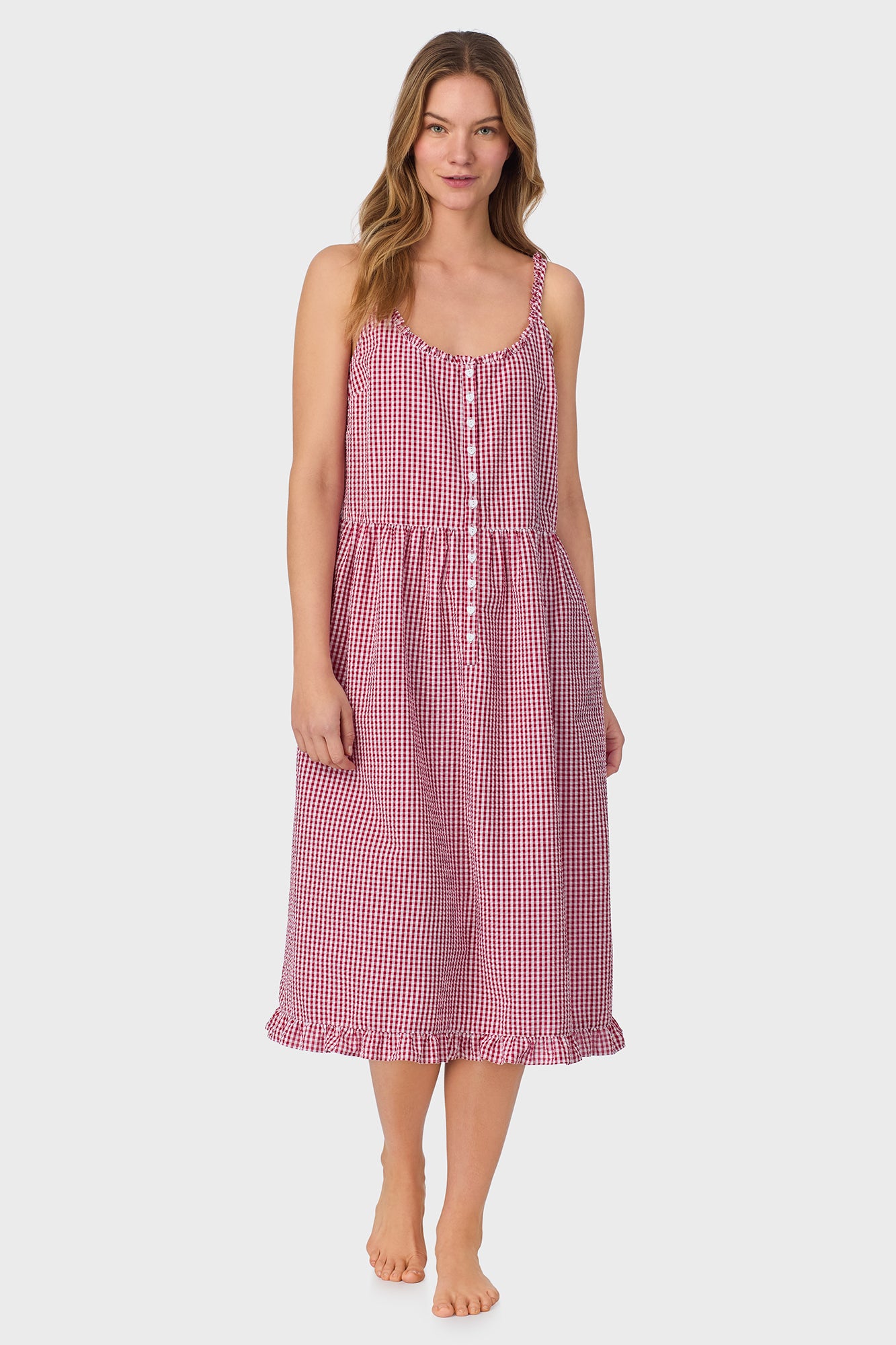 A lady wearing Picnic Plaid Seersucker Yarndye Check Sundress