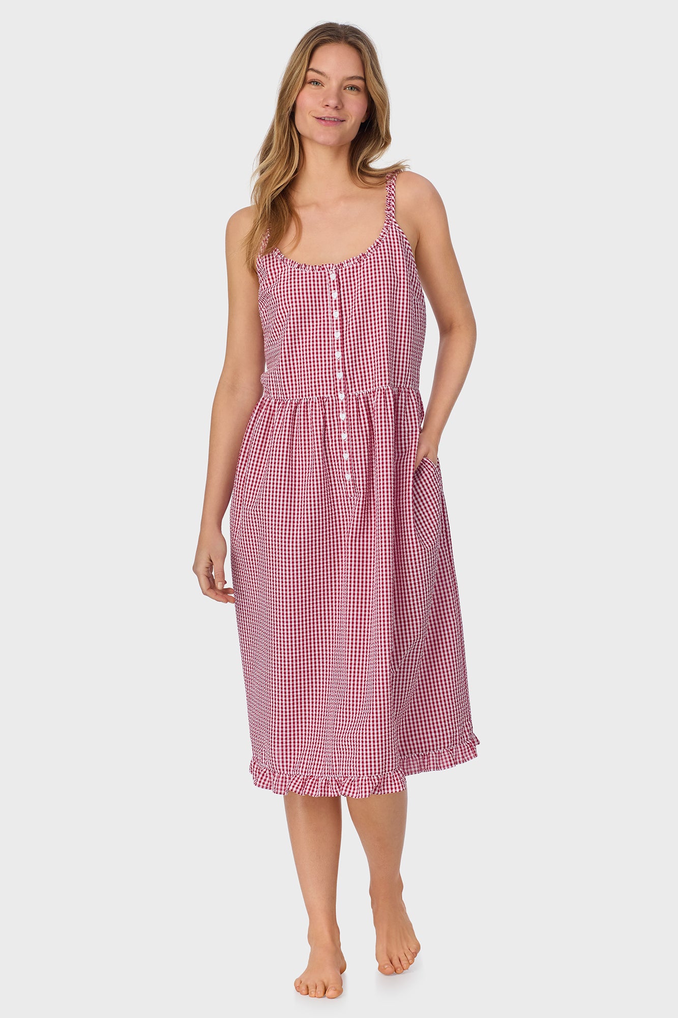 A lady wearing Picnic Plaid Seersucker Yarndye Check Sundress