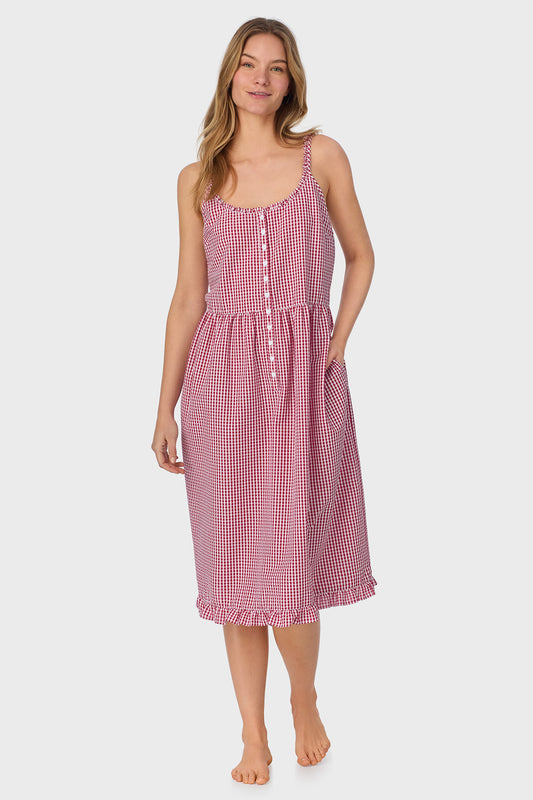 A lady wearing Picnic Plaid Seersucker Yarndye Check Sundress
