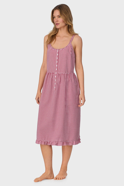A lady wearing Picnic Plaid Seersucker Yarndye Check Sundress