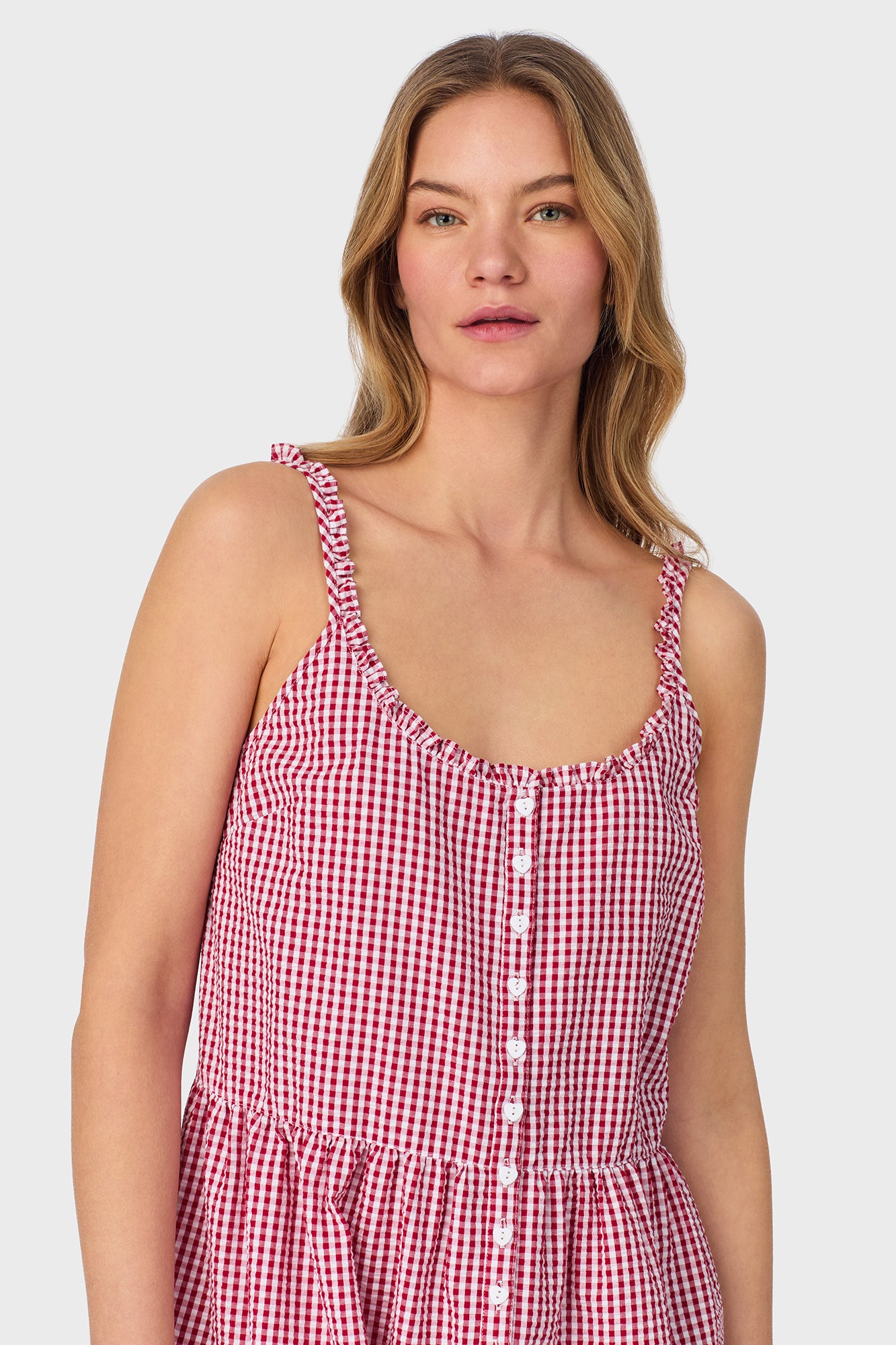 A lady wearing Picnic Plaid Seersucker Yarndye Check Sundress