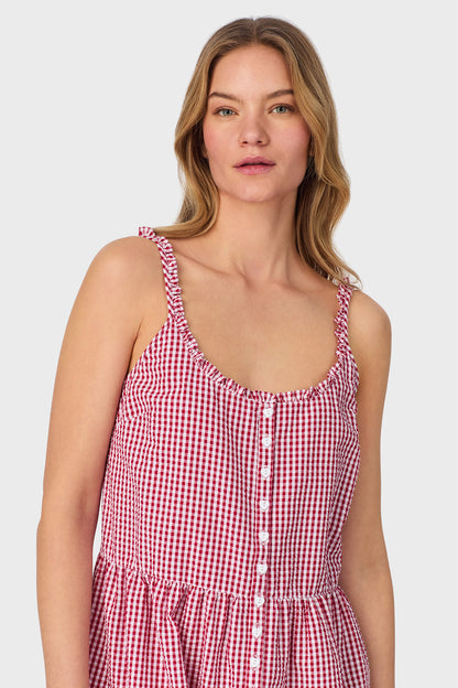 A lady wearing Picnic Plaid Seersucker Yarndye Check Sundress