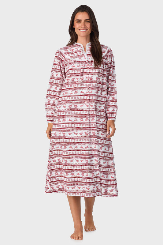 Women's Red Fair Isle 100% Cotton Brushed Flannel Long Sleeve Nightgown