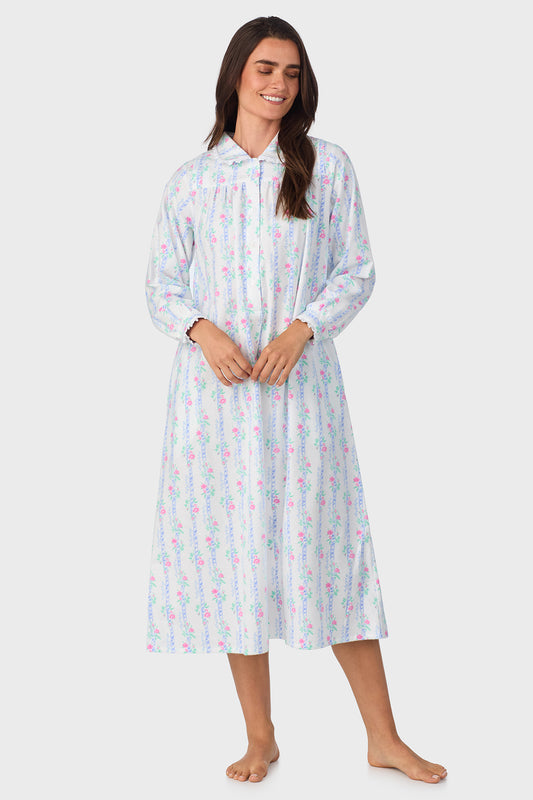 Women's Moire Garland Stripes 100% Cotton Brushed Flannel Peter Pan Collar Long Sleeve Nightgown