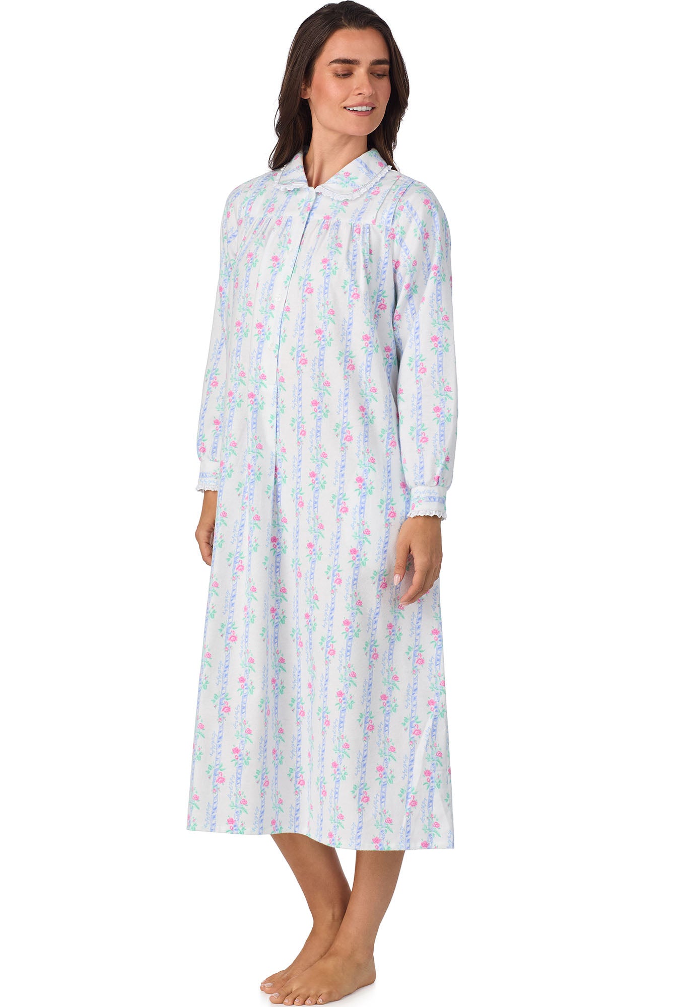 A lady wearing Moire Garland Stripes Peter Pan Flannel Gown