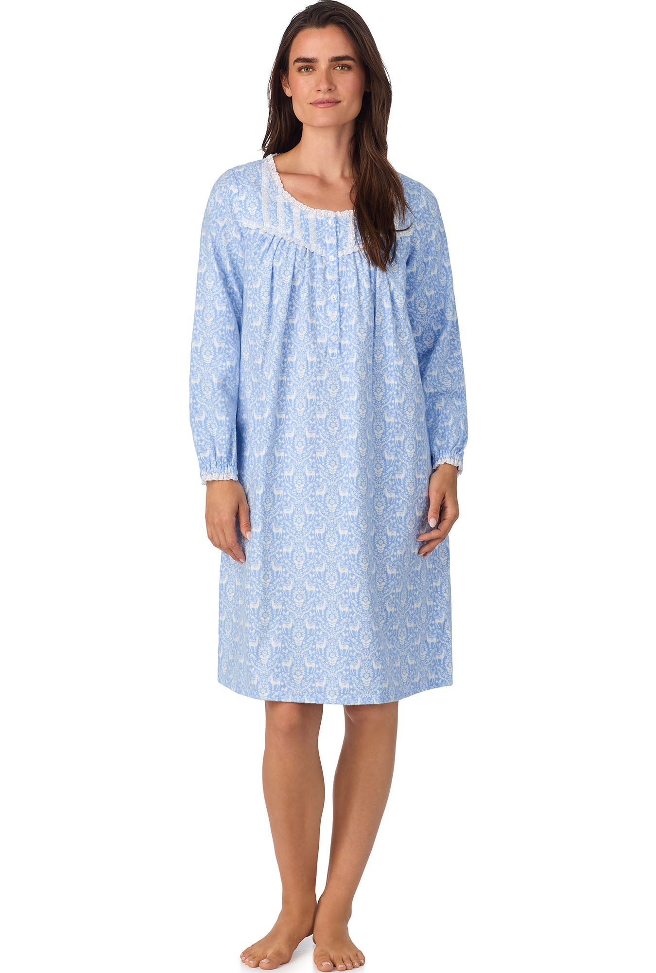 A lady wearing Blue Nordic Tyrolean Waltz Flannel Gown