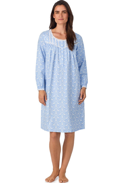A lady wearing Blue Nordic Tyrolean Waltz Flannel Gown Plus