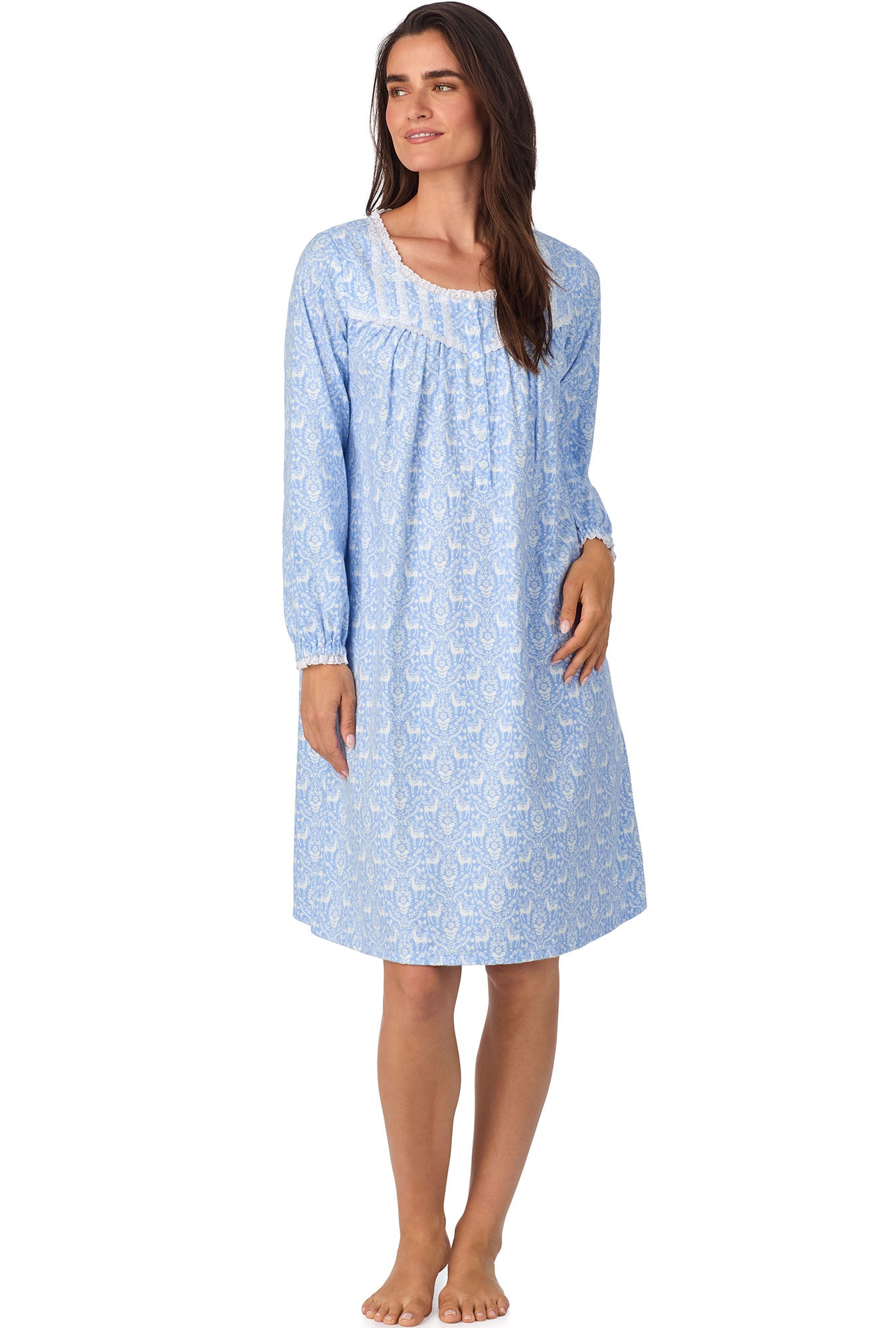 A lady wearing Blue Nordic Tyrolean Waltz Flannel Gown